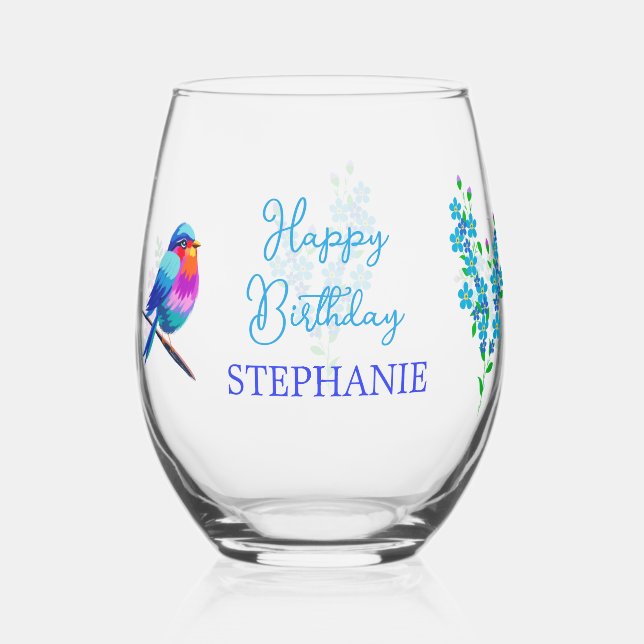 Colourful Bird Blue Forget Me Not Flower Birthday Stemless Wine Glass (Front)
