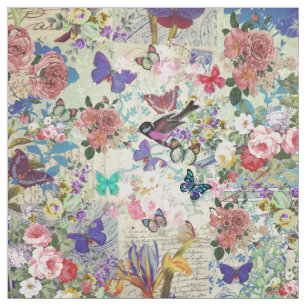 Colourful bird butterflies vintage floral pattern fabric