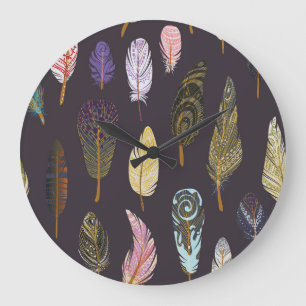 Colourful Bird Feathers Watercolor Pattern Large Clock
