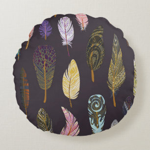 Colourful Bird Feathers Watercolor Pattern Round Pillow