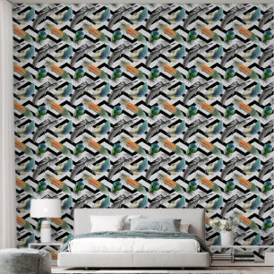 Colourful bird feathers with black and white zigza wallpaper