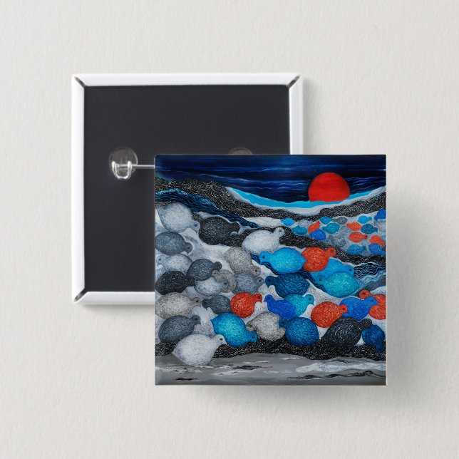 Colourful Bird Flock Red Moon Art 2 Inch Square Button (Front & Back)