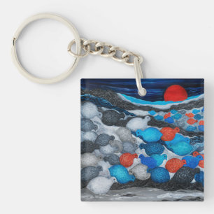 Colourful Bird Flock Red Moon Art Keychain