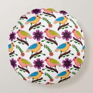 Colourful Bird Floral Seamless Pattern Hand Draw Round Pillow