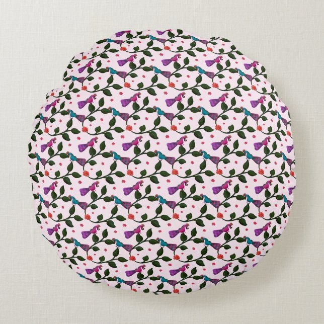Colourful Bird Floral Seamless Pattern  Tapestry Round Pillow (Front)