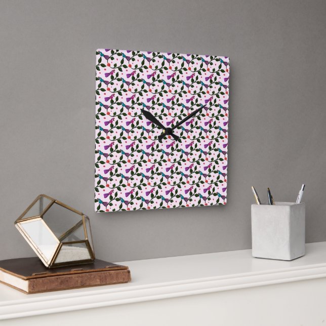 Colourful Bird Floral Seamless Pattern  Tapestry Square Wall Clock (Office)