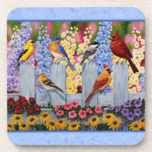 Colourful Bird Flower Garden Blue Coaster