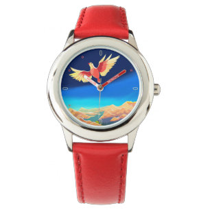 Colourful bird flying above the mountains watch