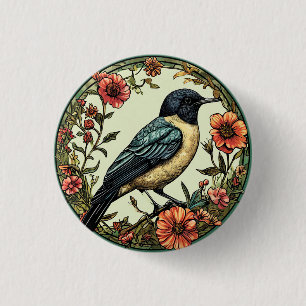 Colourful Bird in a Floral Design 1 Inch Round Button