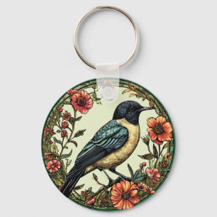 Colourful Bird in a Floral Design Keychain