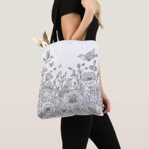 Colourful Bird Line Art Design for Colouring Tote Bag