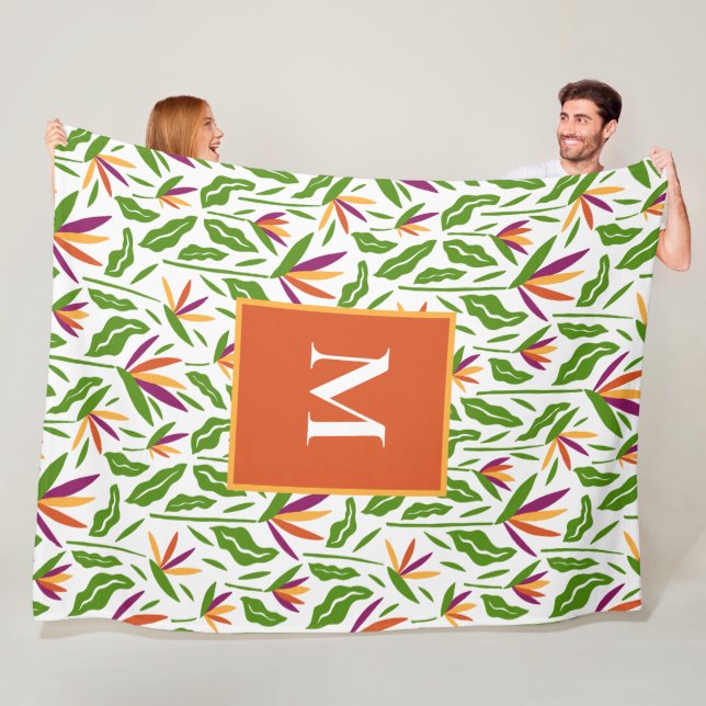 Colourful Bird of Paradise Flower, Monogram  Fleece Blanket (In Situ)