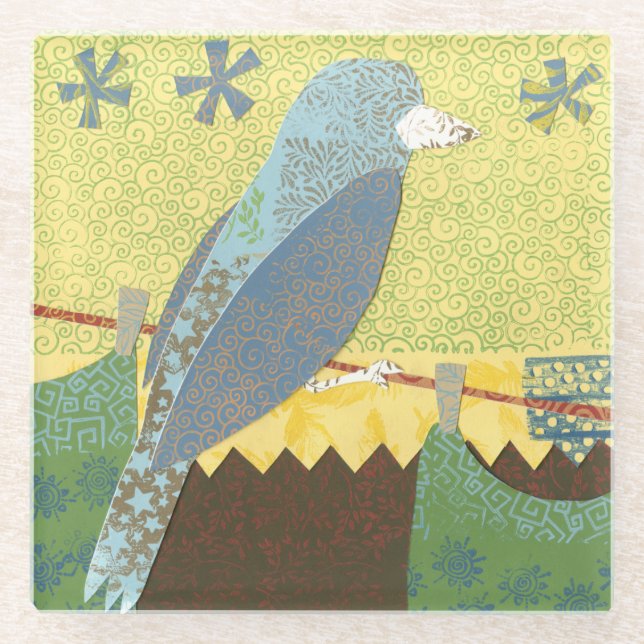 Colourful Bird on a Wire Glass Coaster (Front)