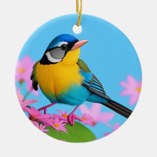 Colourful Bird on Blooming Branch Ceramic Ornament