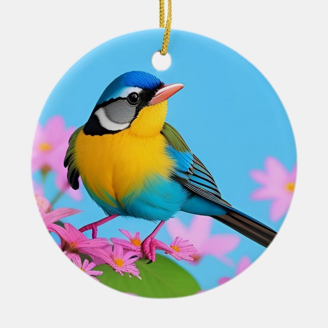 Colourful Bird on Blooming Branch Ceramic Ornament (Front)