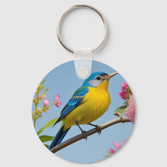 Colourful Bird on Blooming Branch Keychain (Front)