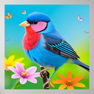 Colourful Bird on Blooming Branch Poster