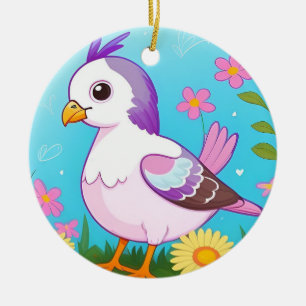 Colourful Bird on Branch Framed with Flowers Ceramic Ornament