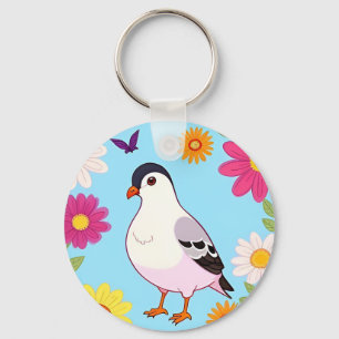 Colourful Bird on Branch Framed with Flowers Keychain