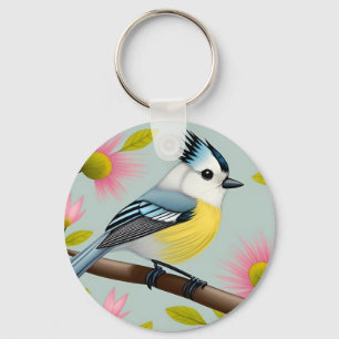Colourful Bird on Branch Framed with Flowers Keychain