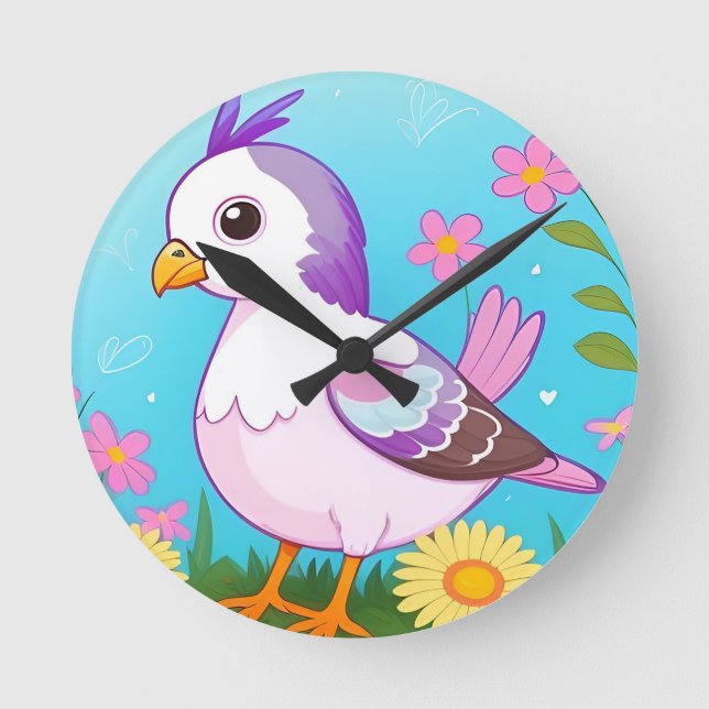 Colourful Bird on Branch Framed with Flowers Round Clock (Front)