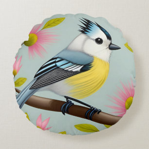Colourful Bird on Branch Framed with Flowers Round Pillow