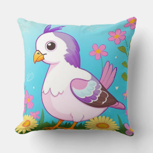 Colourful Bird on Branch Framed with Flowers Throw Pillow