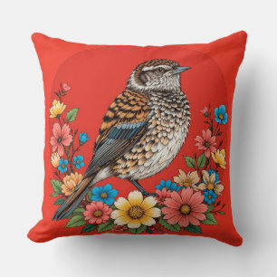 Colourful Bird on Branch Framed with Flowers Throw Pillow