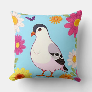 Colourful Bird on Branch Framed with Flowers Throw Pillow
