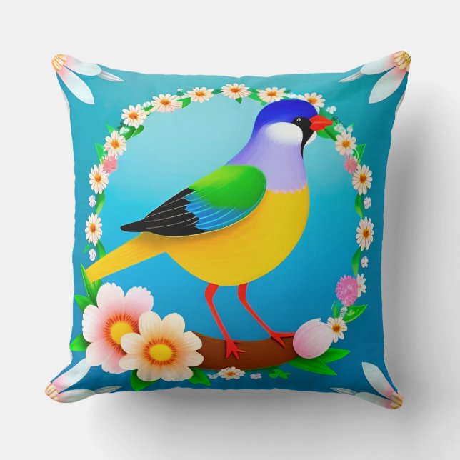 Colourful Bird on Branch Framed with Flowers Throw Pillow (Front)
