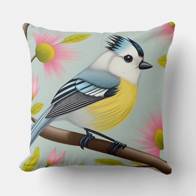 Colourful Bird on Branch Framed with Flowers Throw Pillow (Front)