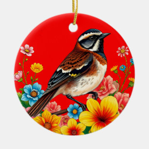 Colourful Bird Perched Among Flowers Ceramic Ornament