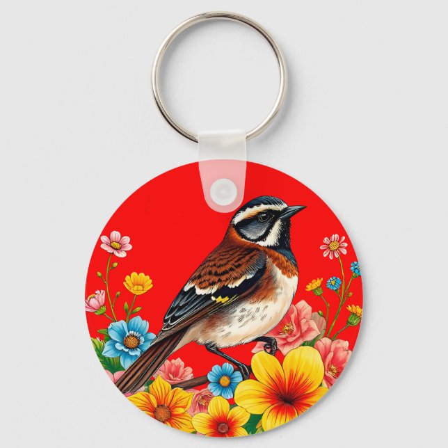 Colourful Bird Perched Among Flowers Keychain (Front)