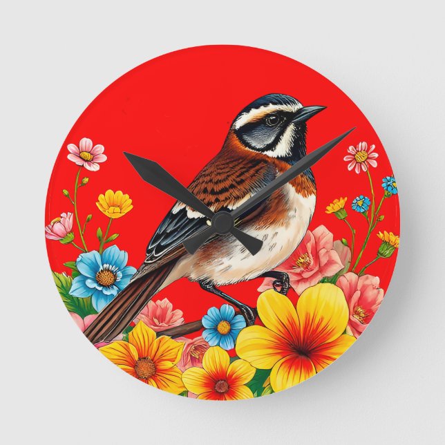 Colourful Bird Perched Among Flowers Round Clock (Front)