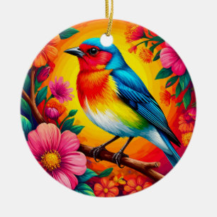 Colourful Bird Perched Among Vibrant Flowers Ceramic Ornament