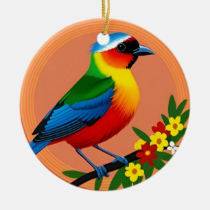 Colourful Bird Perched Among Vibrant Flowers Ceramic Ornament