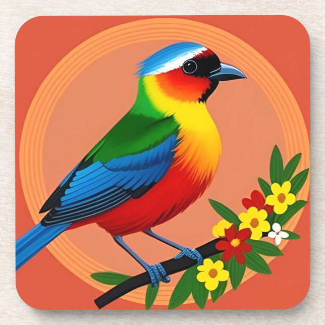Colourful Bird Perched Among Vibrant Flowers Coaster (Front)