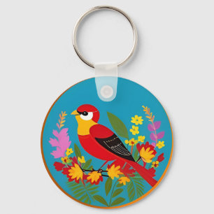 Colourful Bird Perched Among Vibrant Flowers Keychain
