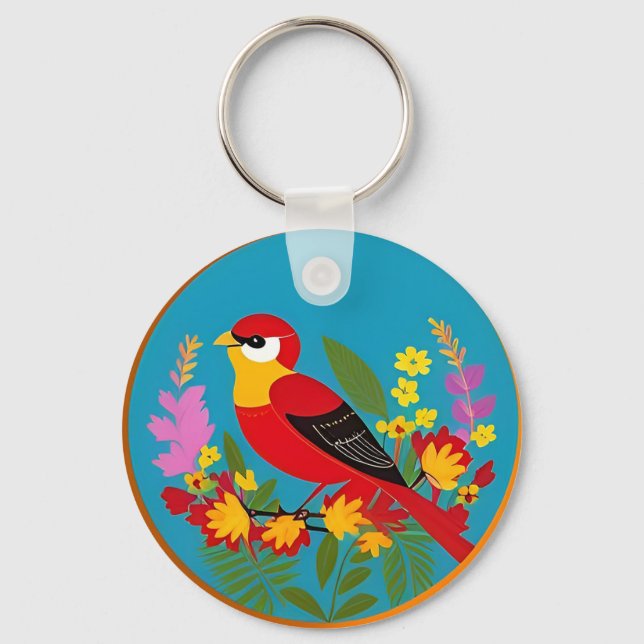 Colourful Bird Perched Among Vibrant Flowers Keychain (Front)