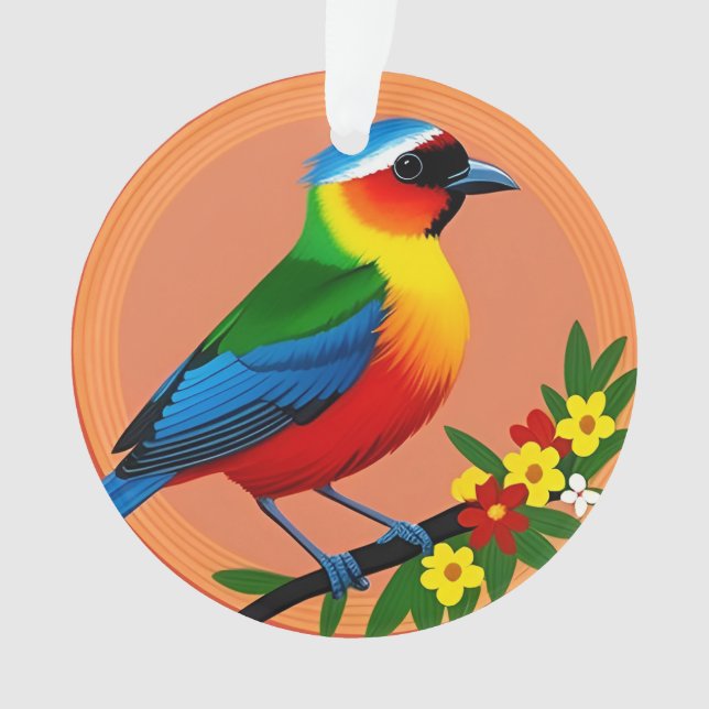 Colourful Bird Perched Among Vibrant Flowers Ornament (Front)