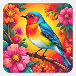 Colourful Bird Perched Among Vibrant Flowers Square Sticker