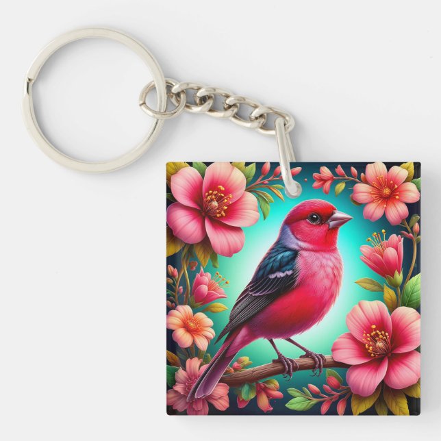 Colourful Bird Perched on Branch Keychain (Front)