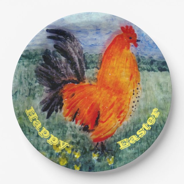 Colourful Bird Rooster Chicken Easter Paper Plate (Front)