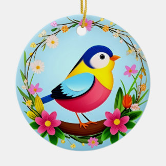 Colourful Bird Surrounded by Flower Wreath Ceramic Ornament