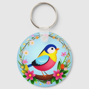 Colourful Bird Surrounded by Flower Wreath Keychain