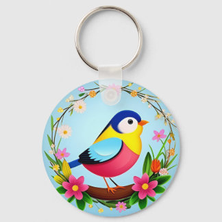 Colourful Bird Surrounded by Flower Wreath Keychain