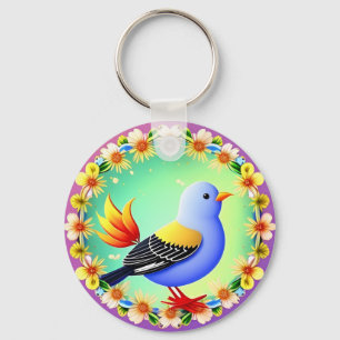 Colourful Bird Surrounded by Flower Wreath Keychain