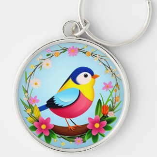 Colourful Bird Surrounded by Flower Wreath Keychain