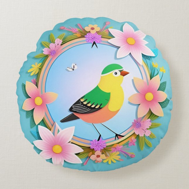 Colourful Bird Surrounded by Flower Wreath Round Pillow (Front)