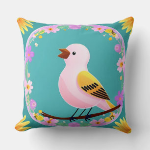 Colourful Bird Surrounded by Flower Wreath Throw Pillow